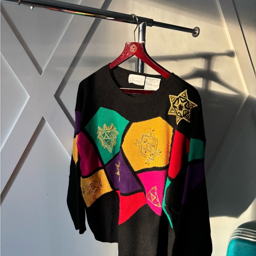 Embroidered Geometric Pattern Sweater - Black, Green, Purple, Pink, Yellow